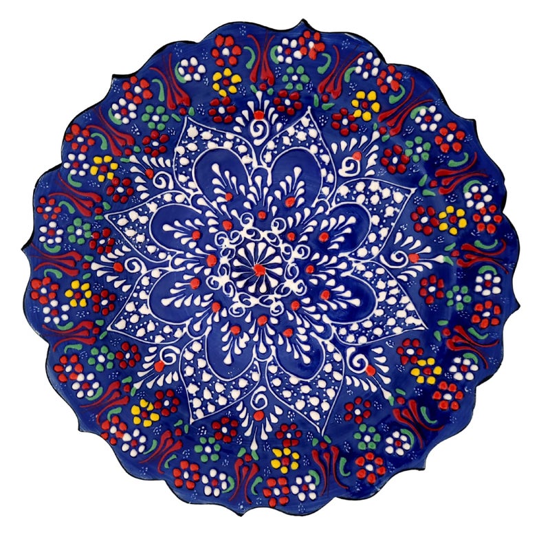 Ayennur طبق زينة تركي آينور 9.85" (25 سم) مزخرف يدويًا من الخزف لتزيين الجدران في المنزل والمكتب (أزرق داكن) - Image 1